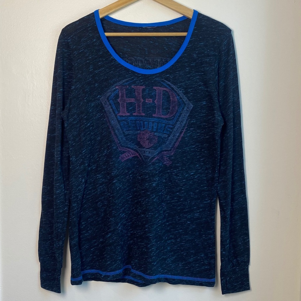 Harley-Davidson Long Sleeve Shirt Womens L Blue Space Dye Silverton CO Biker
